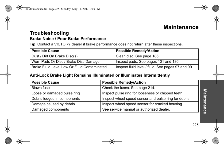 Maintenance, Troubleshooting | Polaris 2010 Victory Victory Vision 8-Ball User Manual | Page 229 / 334