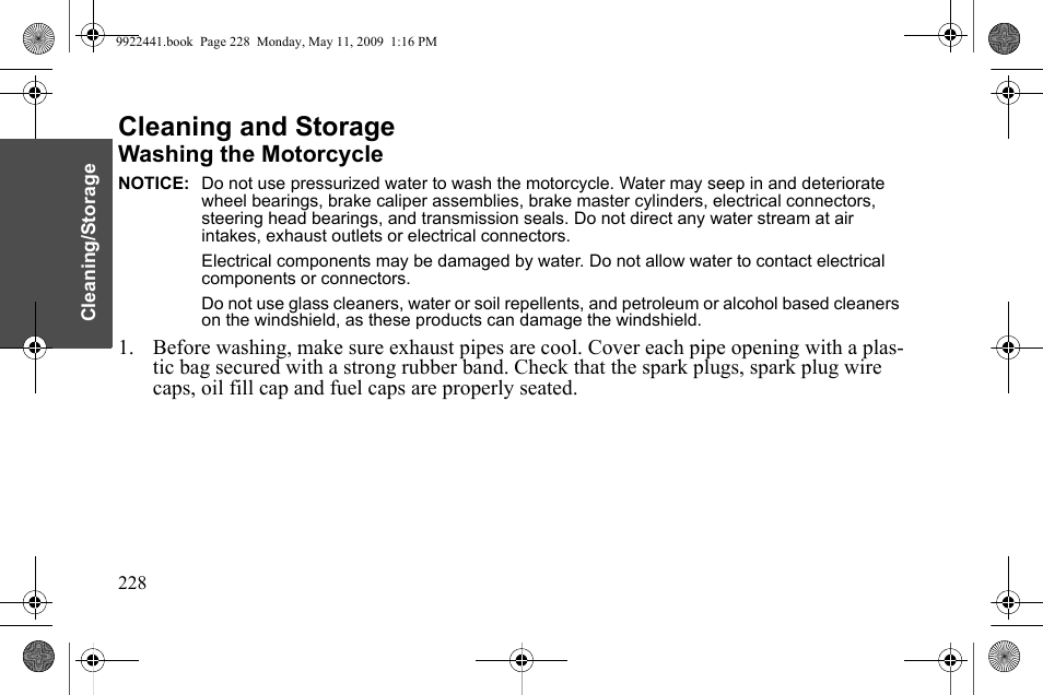 Cleaning and storage, Washing the motorcycle | Polaris 2010 Victory Victory Vision 8-Ball User Manual | Page 232 / 334