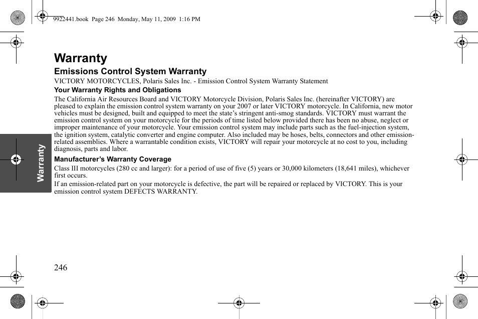 Warranty | Polaris 2010 Victory Victory Vision 8-Ball User Manual | Page 250 / 334