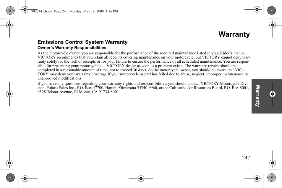 Warranty | Polaris 2010 Victory Victory Vision 8-Ball User Manual | Page 251 / 334