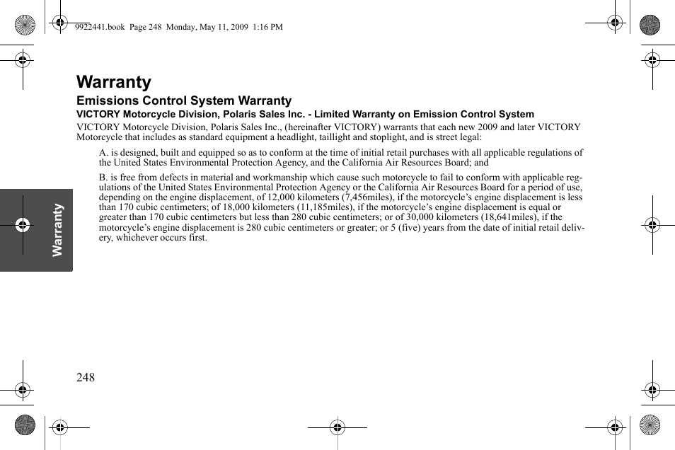 Warranty | Polaris 2010 Victory Victory Vision 8-Ball User Manual | Page 252 / 334