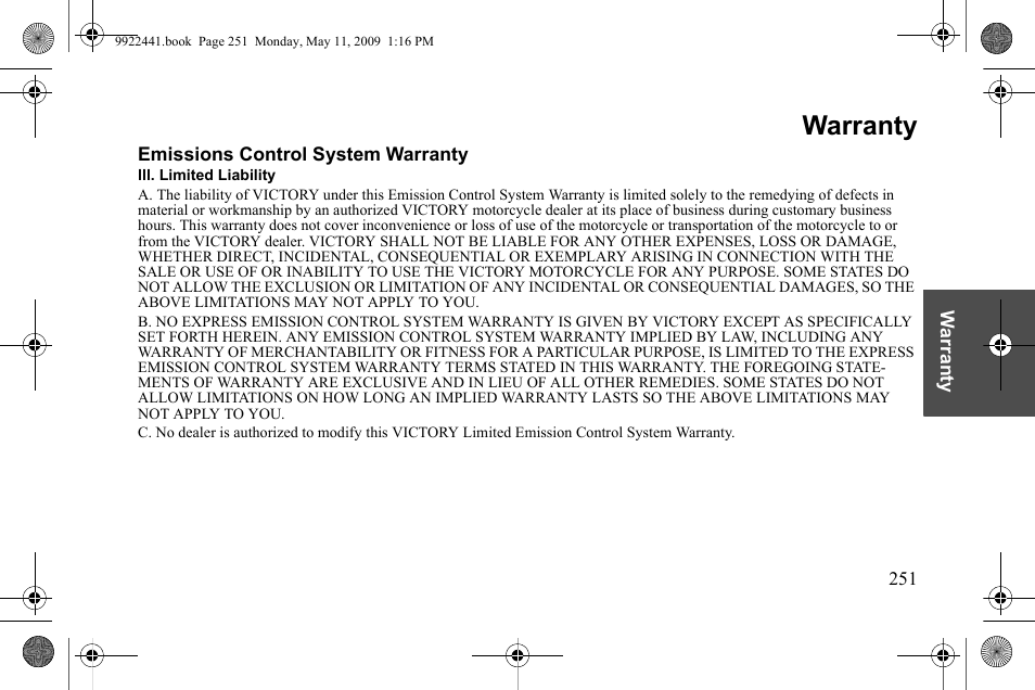 Warranty | Polaris 2010 Victory Victory Vision 8-Ball User Manual | Page 255 / 334
