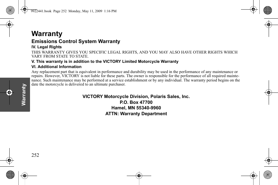 Warranty | Polaris 2010 Victory Victory Vision 8-Ball User Manual | Page 256 / 334