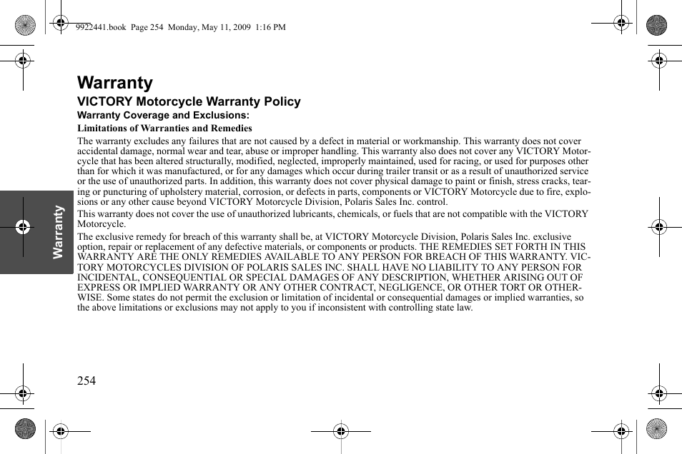 Warranty | Polaris 2010 Victory Victory Vision 8-Ball User Manual | Page 258 / 334