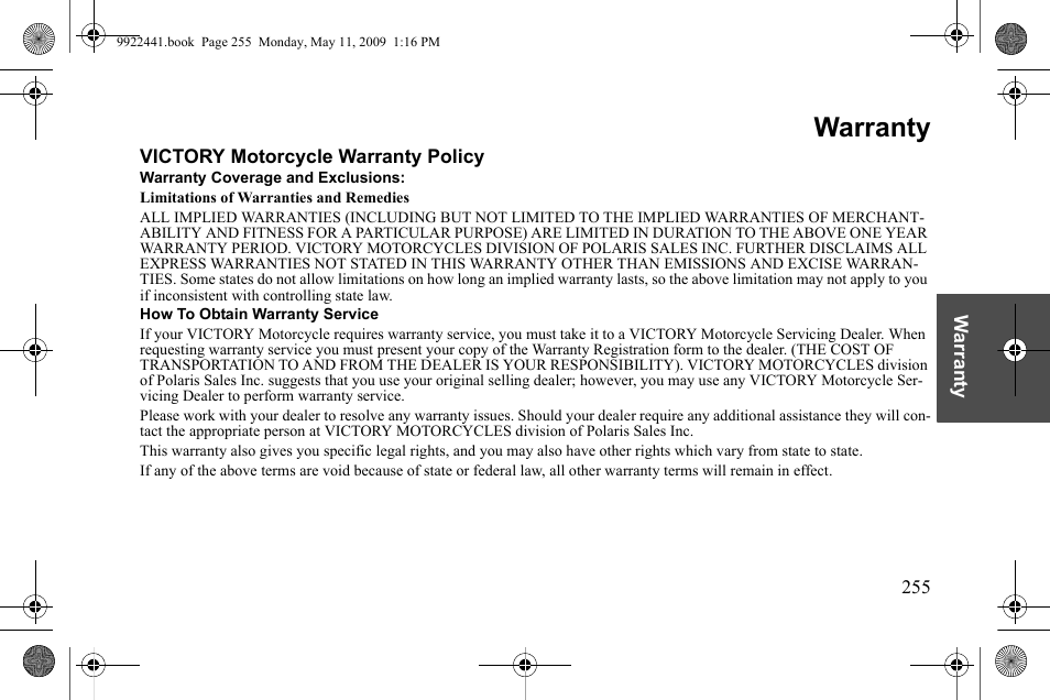 Warranty | Polaris 2010 Victory Victory Vision 8-Ball User Manual | Page 259 / 334