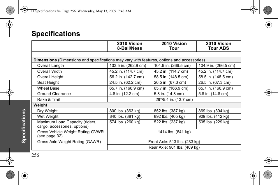 Specifications | Polaris 2010 Victory Victory Vision 8-Ball User Manual | Page 260 / 334