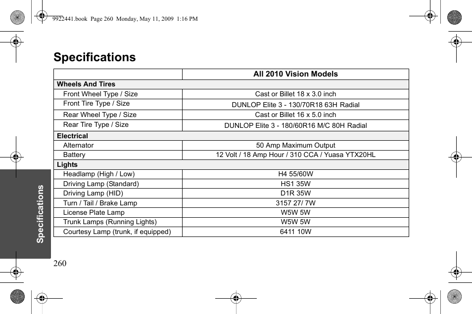Specifications | Polaris 2010 Victory Victory Vision 8-Ball User Manual | Page 264 / 334