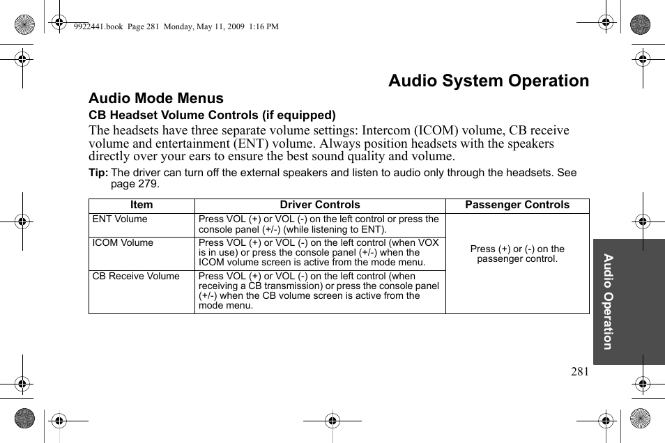 Audio system operation, Audio mode menus | Polaris 2010 Victory Victory Vision 8-Ball User Manual | Page 285 / 334