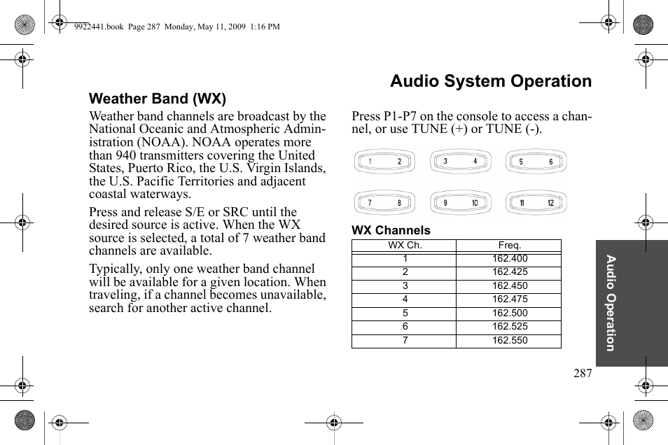 Audio system operation, Weather band (wx) | Polaris 2010 Victory Victory Vision 8-Ball User Manual | Page 291 / 334