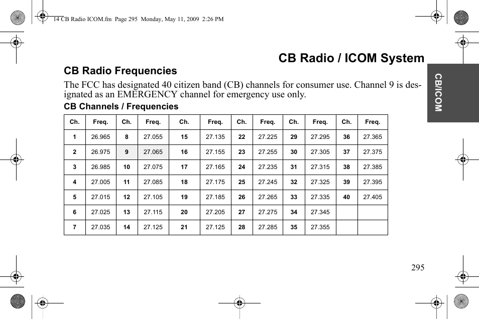 Cb radio / icom system, Cb radio frequencies, 295 cb/icom | Cb channels / frequencies | Polaris 2010 Victory Victory Vision 8-Ball User Manual | Page 299 / 334