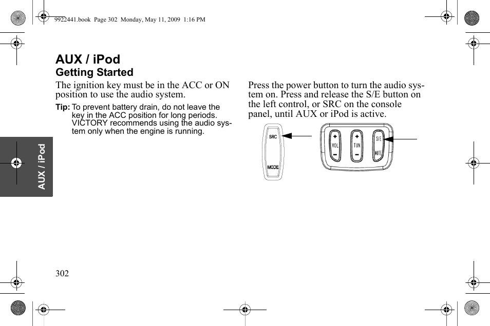 Aux / ipod | Polaris 2010 Victory Victory Vision 8-Ball User Manual | Page 306 / 334