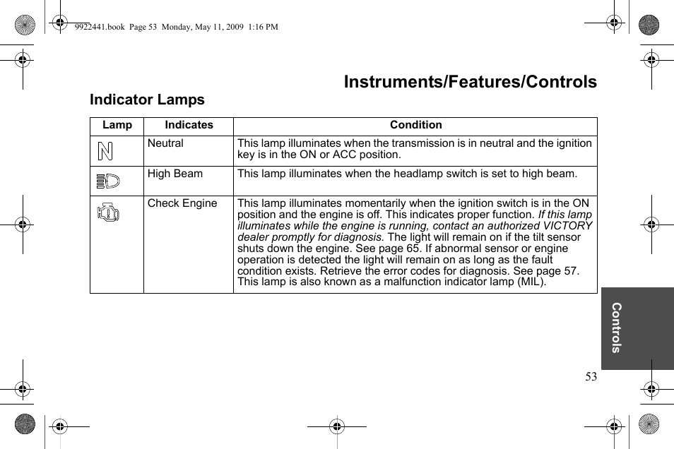 Instruments/features/controls, Indicator lamps | Polaris 2010 Victory Victory Vision 8-Ball User Manual | Page 57 / 334
