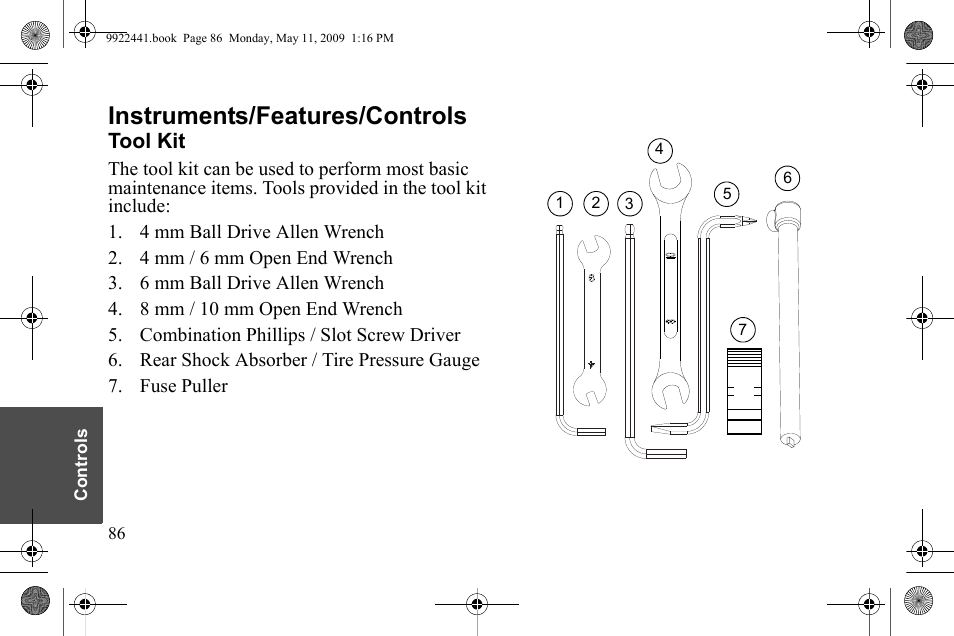 Instruments/features/controls, Tool kit | Polaris 2010 Victory Victory Vision 8-Ball User Manual | Page 90 / 334