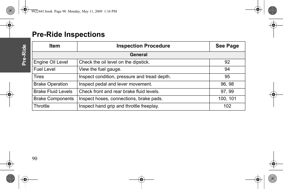 Pre-ride inspections | Polaris 2010 Victory Victory Vision 8-Ball User Manual | Page 94 / 334