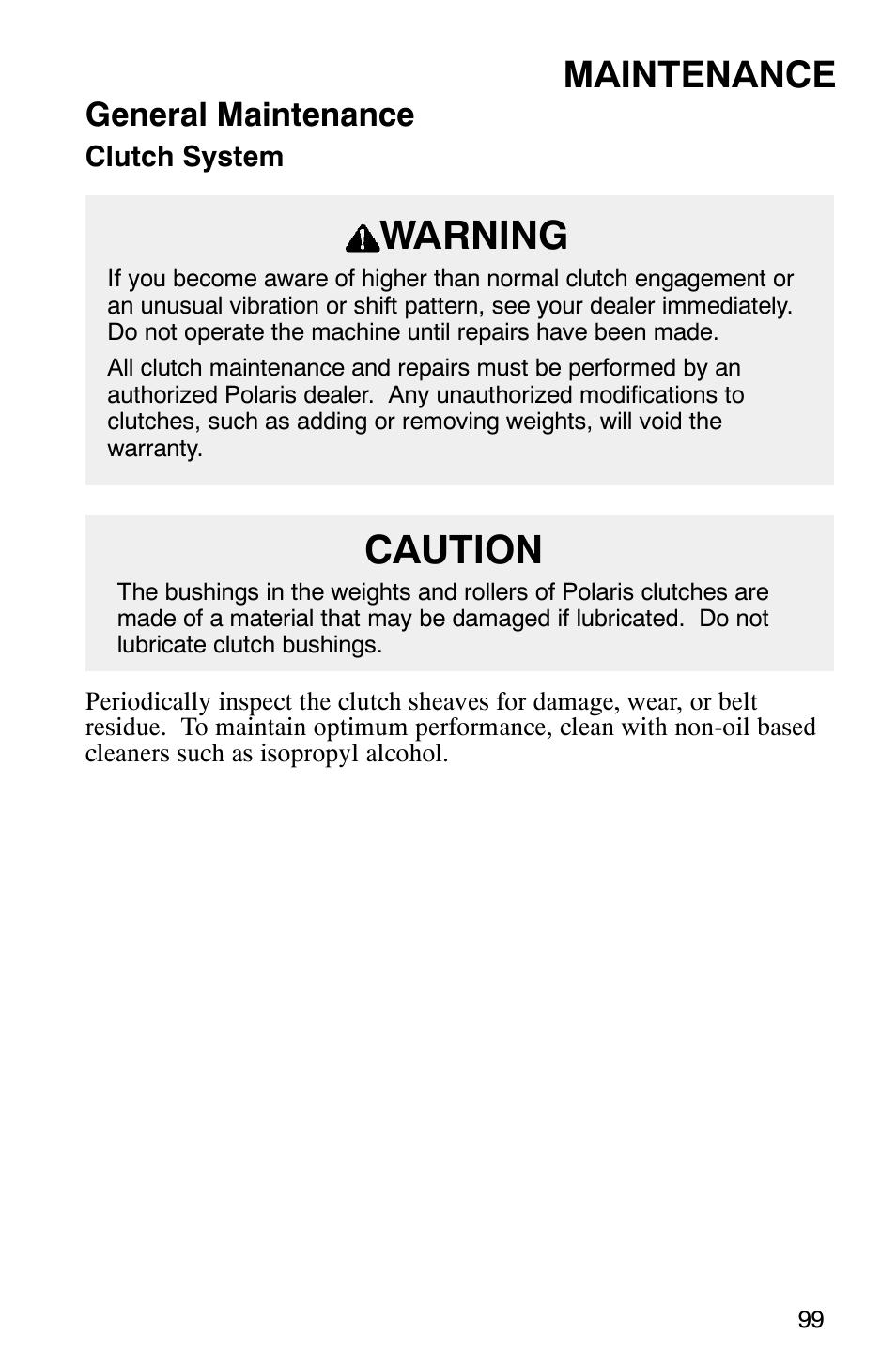 Warning, Caution, Maintenance | General maintenance | Polaris 2003 Frontier User Manual | Page 101 / 140