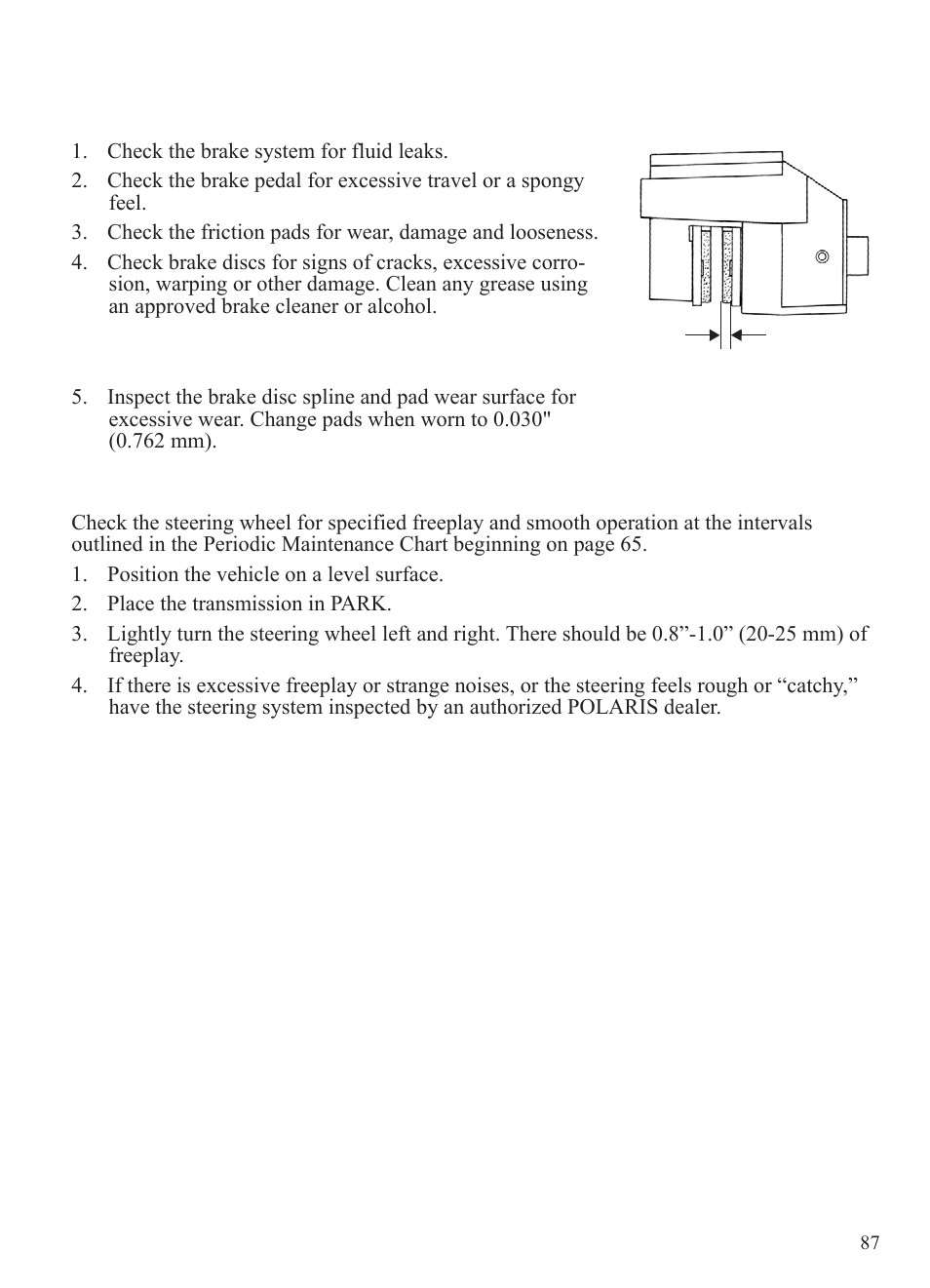 Maintenance, Brakes, Steering wheel inspection | Polaris 2015 Ranger Diesel / Crew Diesel User Manual | Page 89 / 121