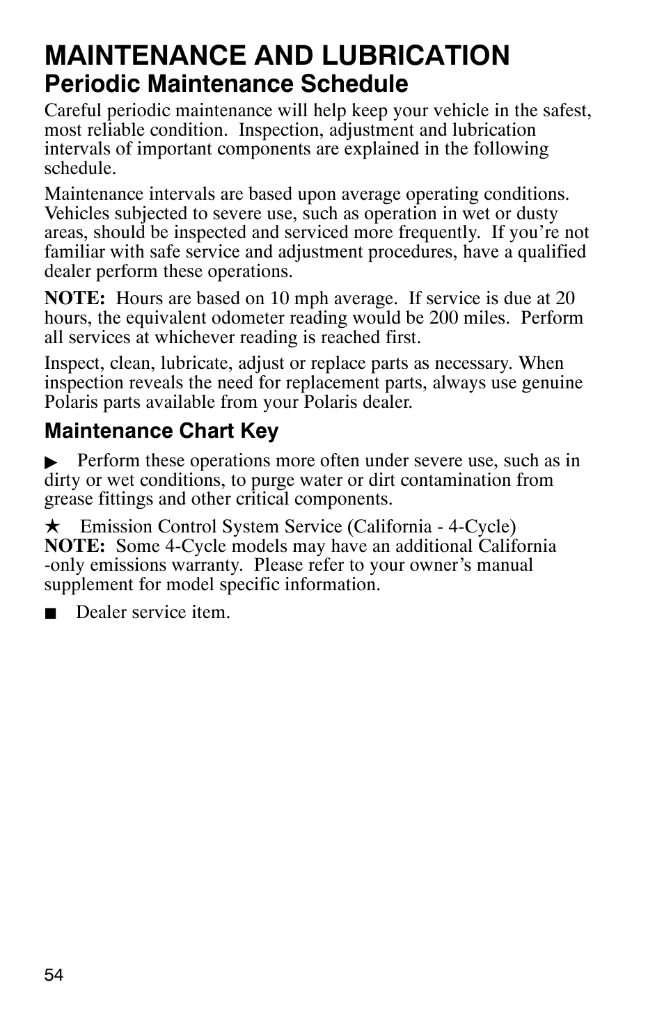 Maintenance and lubrication, Periodic maintenance schedule | Polaris Series 11 Polaris Ranger 4x4 User Manual | Page 56 / 118