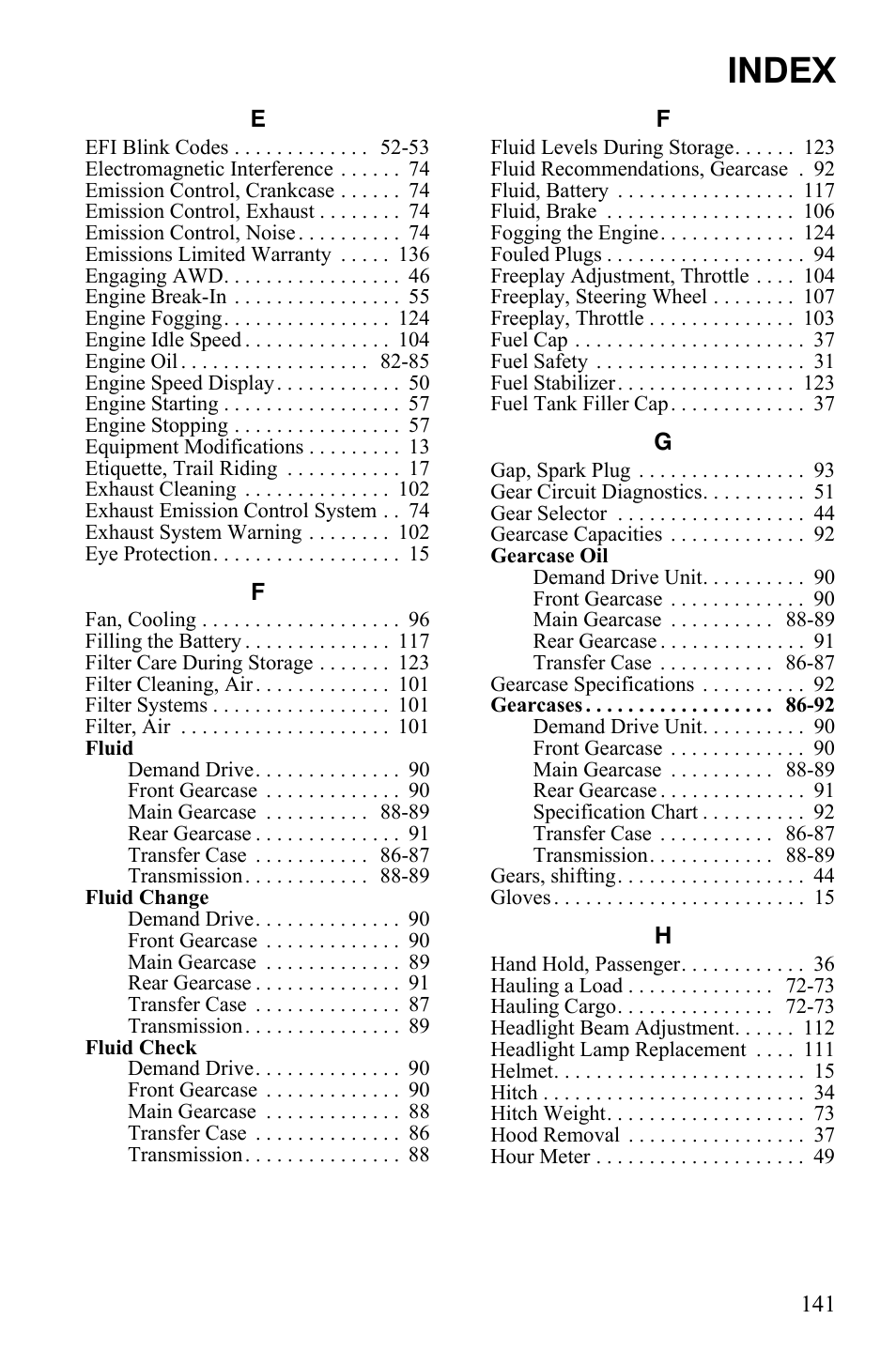 Index | Polaris 2008 Ranger RZR User Manual | Page 144 / 146