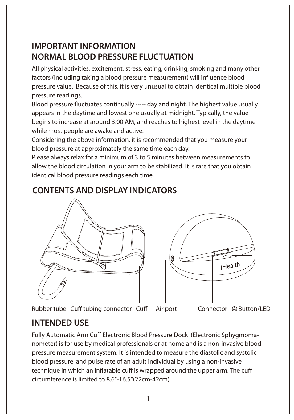 Contents and display indicators intended use | iHealth Blood Pressure Dock User Manual | Page 2 / 11