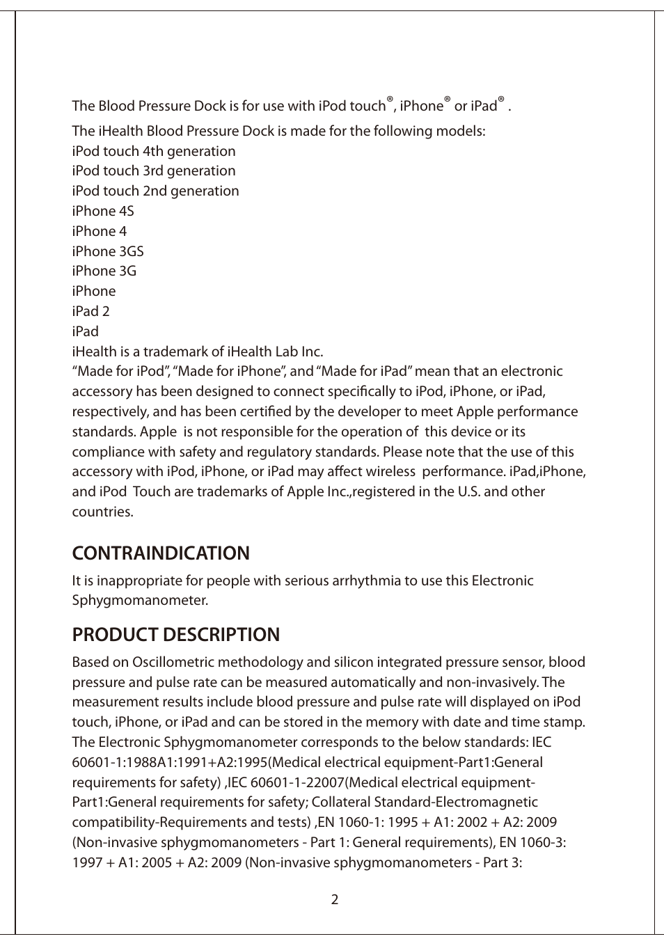 Contraindication, Product description | iHealth Blood Pressure Dock User Manual | Page 3 / 11