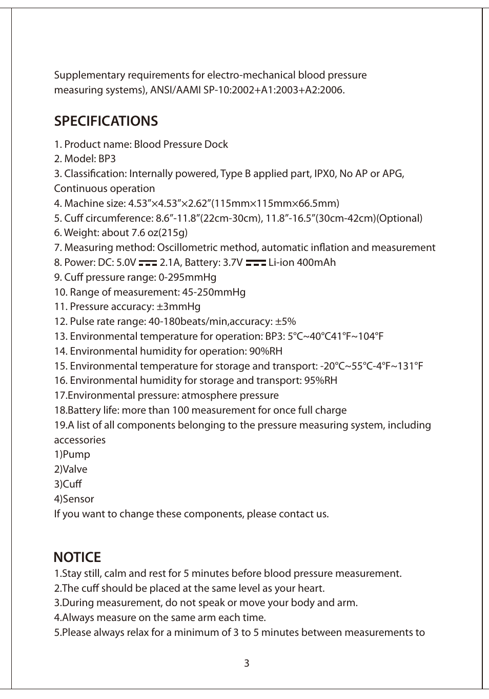Notice specifications | iHealth Blood Pressure Dock User Manual | Page 4 / 11