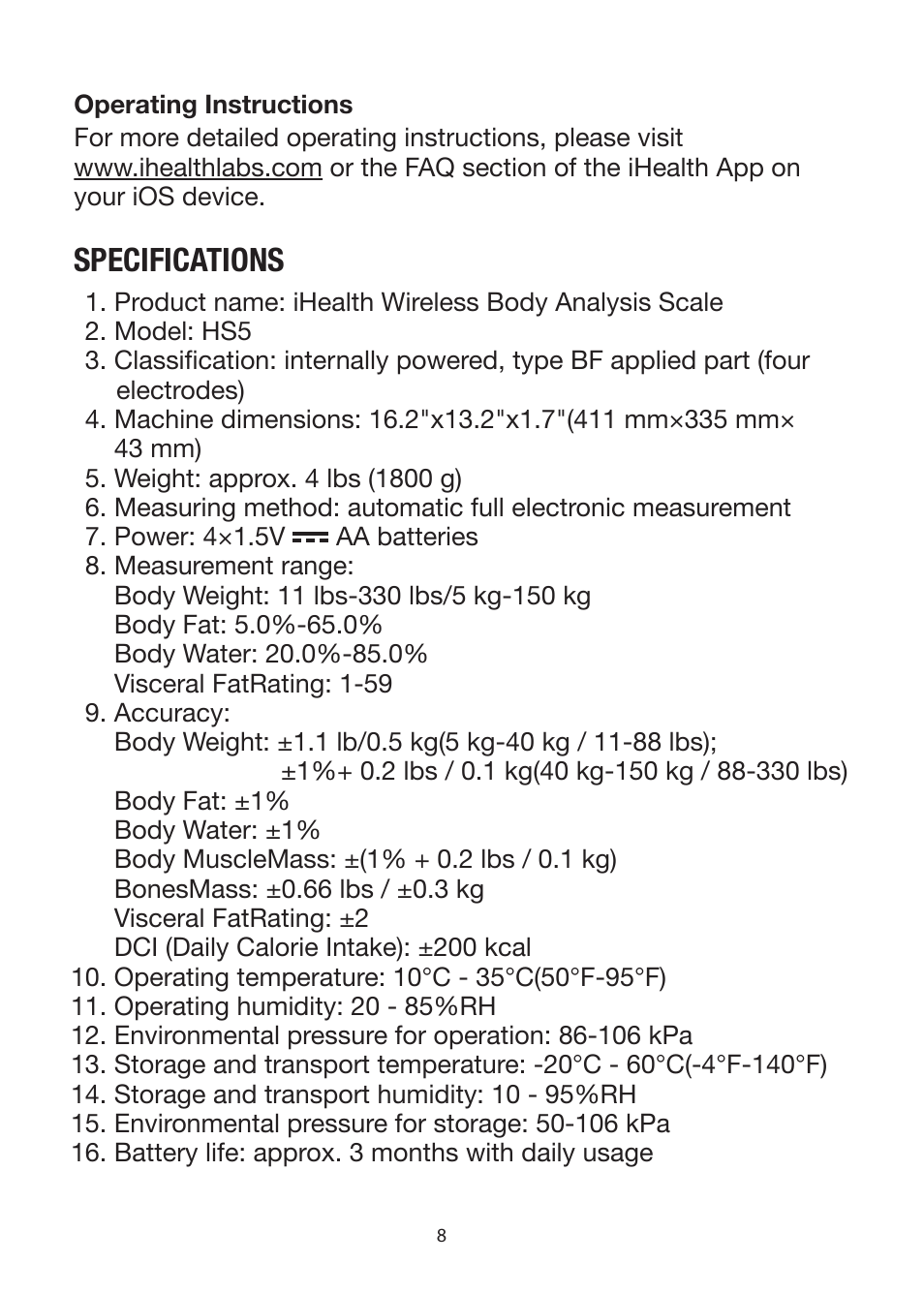 Specifications | iHealth Wireless Body Analysis Scale User Manual | Page 10 / 15