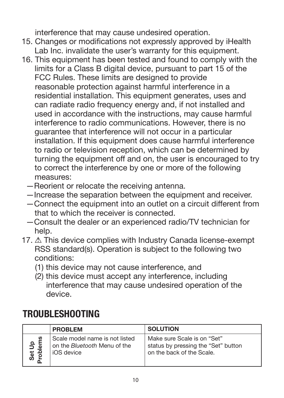 Troubleshooting | iHealth Wireless Body Analysis Scale User Manual | Page 12 / 15