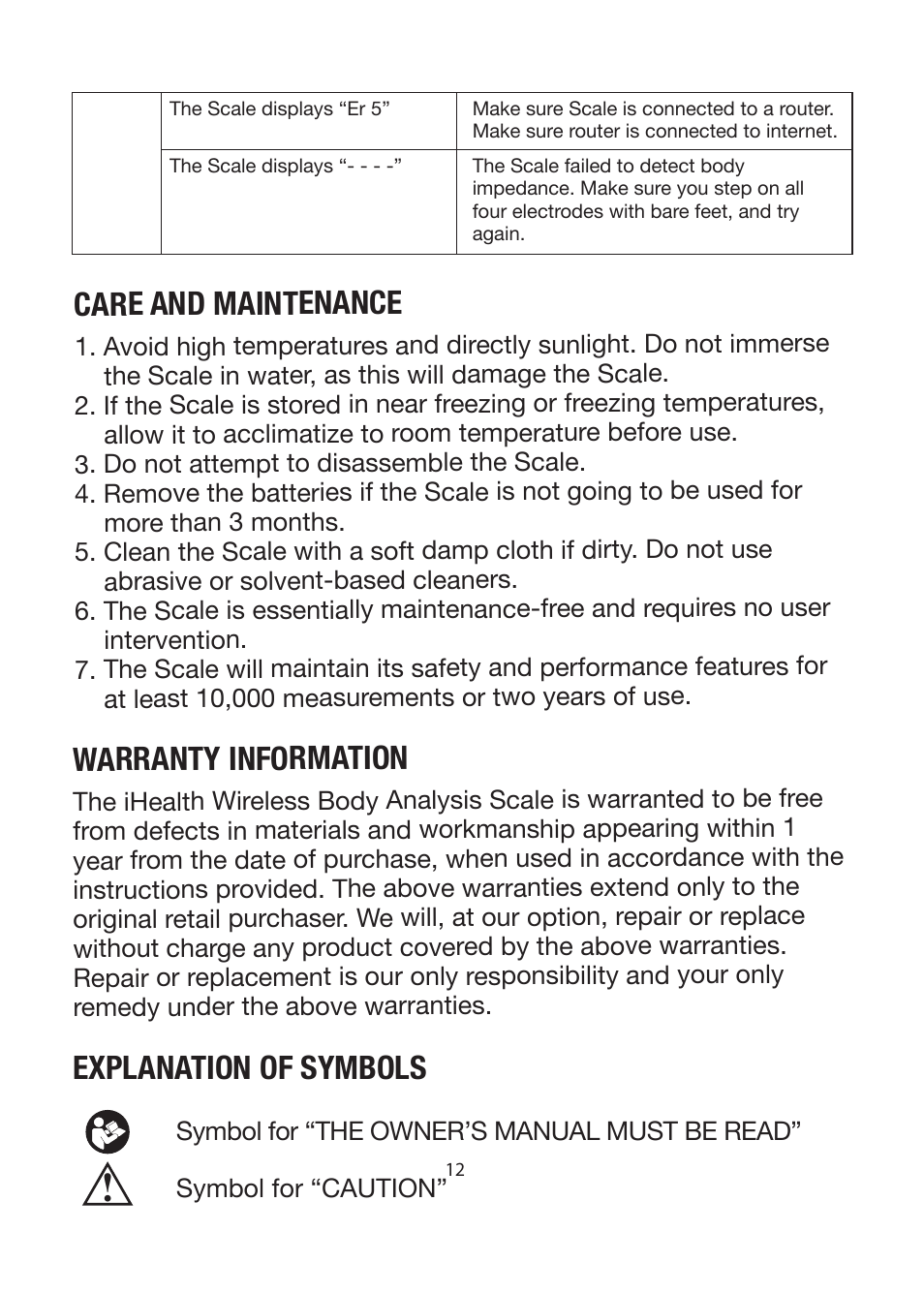 Explanation of symbols, Care and maintenance, Warranty information | iHealth Wireless Body Analysis Scale User Manual | Page 14 / 15