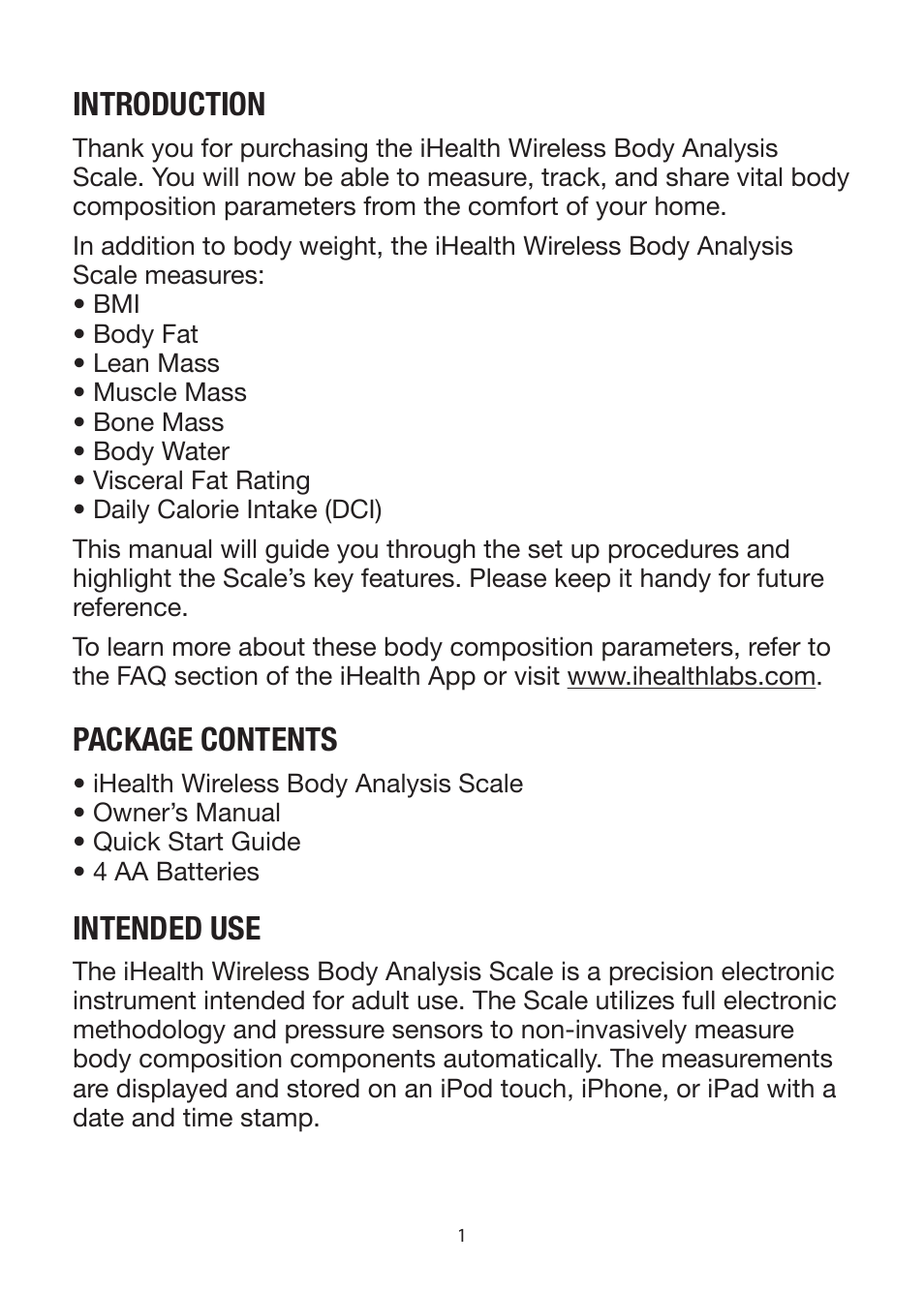 Introduction, Package contents intended use | iHealth Wireless Body Analysis Scale User Manual | Page 3 / 15
