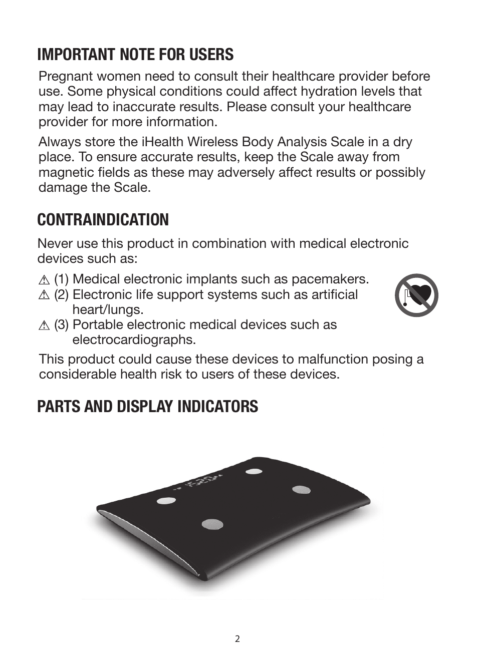 Contraindication, Parts and display indicators | iHealth Wireless Body Analysis Scale User Manual | Page 4 / 15