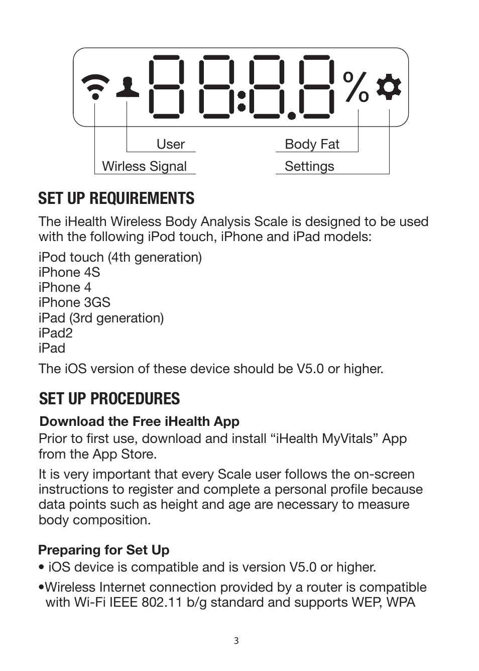 Set up requirements, Set up procedures | iHealth Wireless Body Analysis Scale User Manual | Page 5 / 15