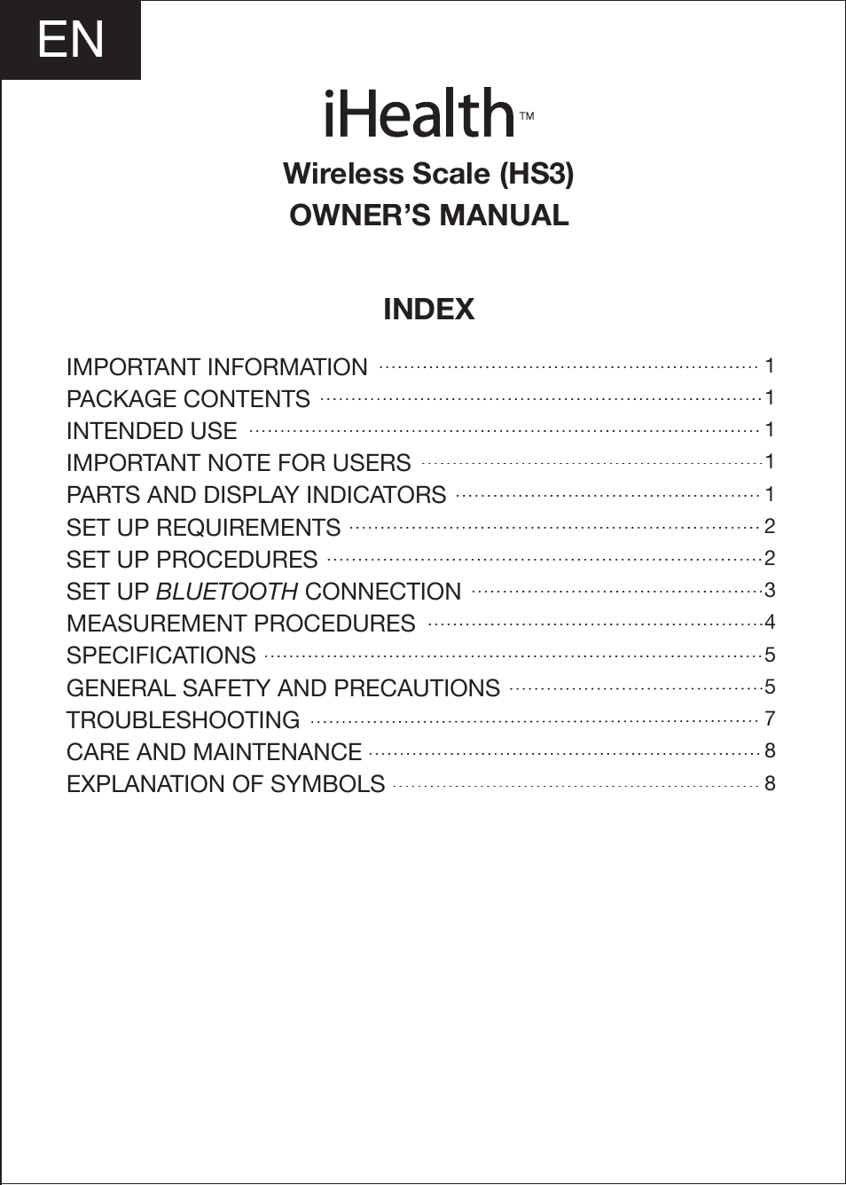 Index, Wireless scale (hs3) owner’s manual | iHealth Wireless Scale User Manual | Page 2 / 11