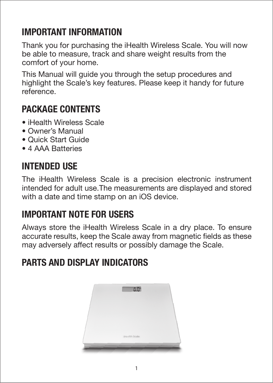 Important information, Package contents, Intended use | Parts and display indicators | iHealth Wireless Scale User Manual | Page 3 / 11