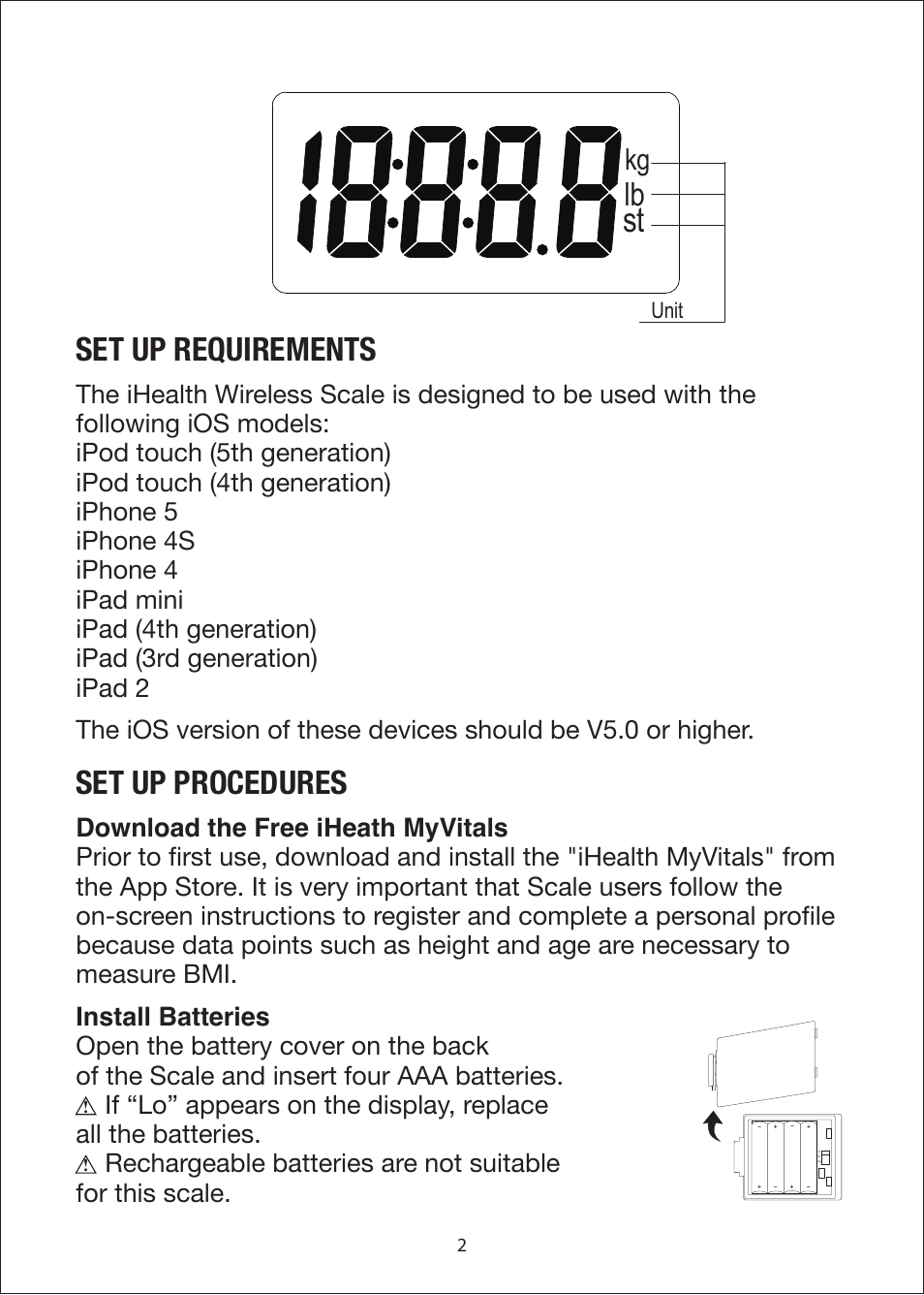 Set up requirements, Set up procedures | iHealth Wireless Scale User Manual | Page 4 / 11