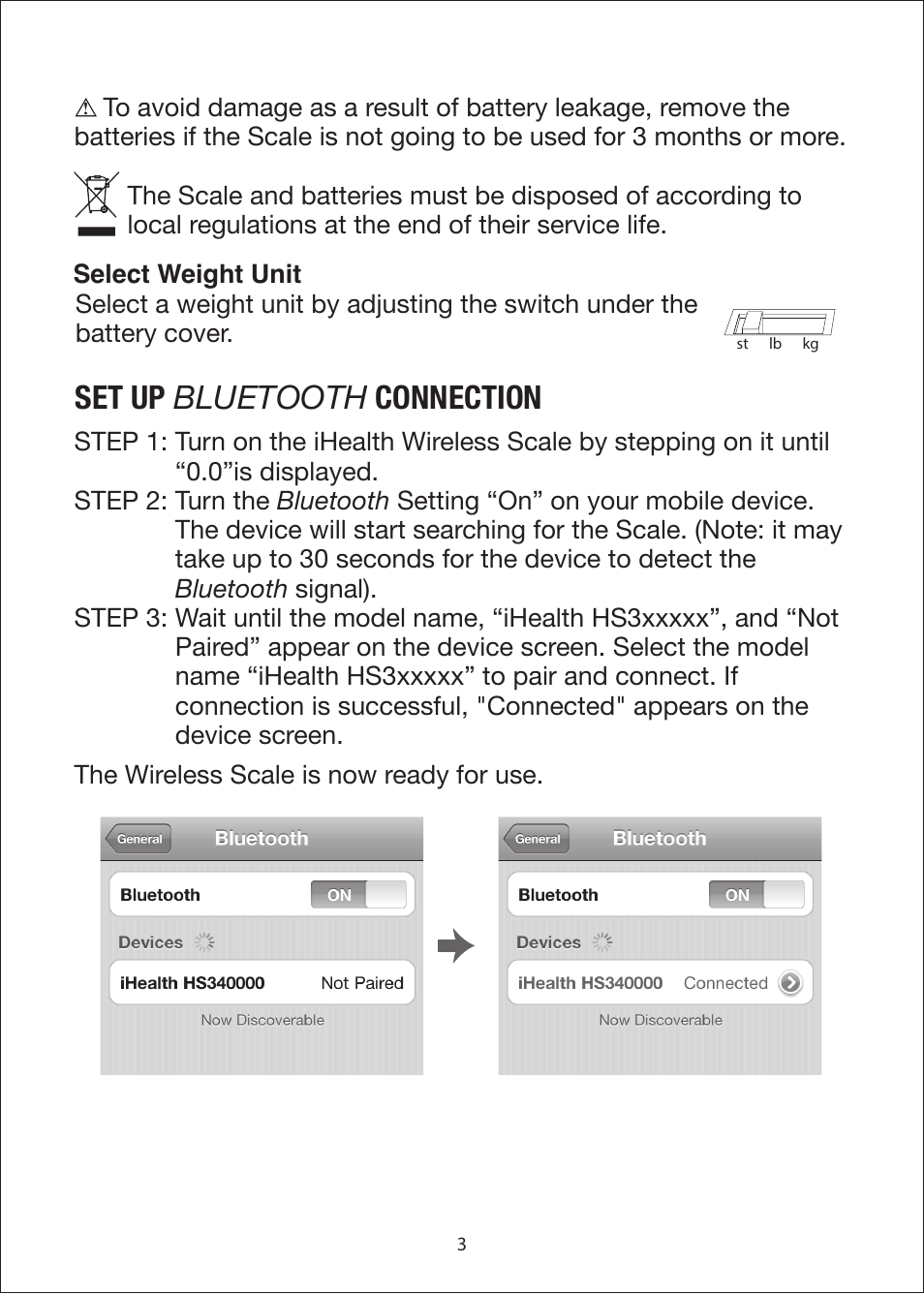 Set up bluetooth connection | iHealth Wireless Scale User Manual | Page 5 / 11