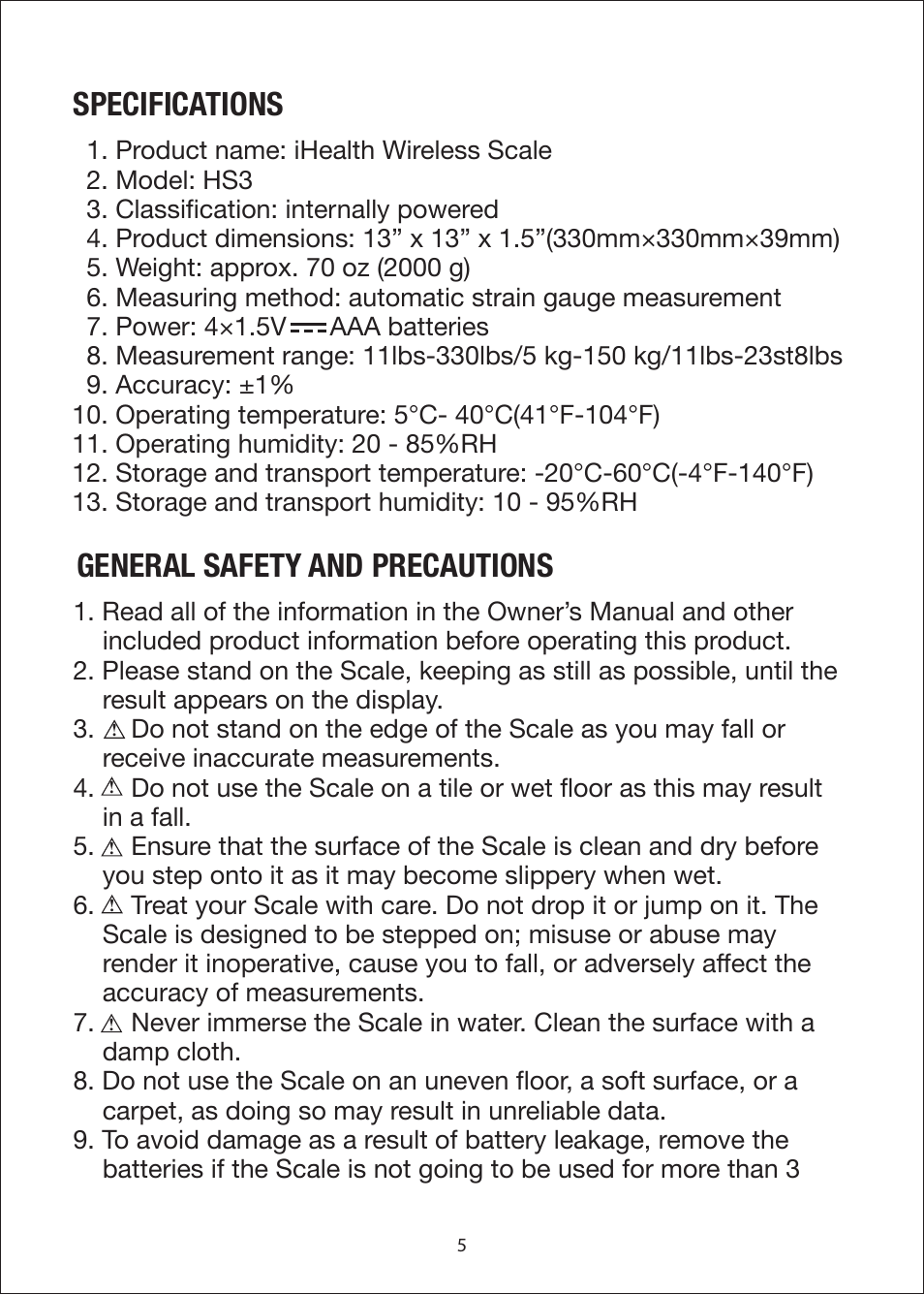 Specifications, General safety and precautions | iHealth Wireless Scale User Manual | Page 7 / 11