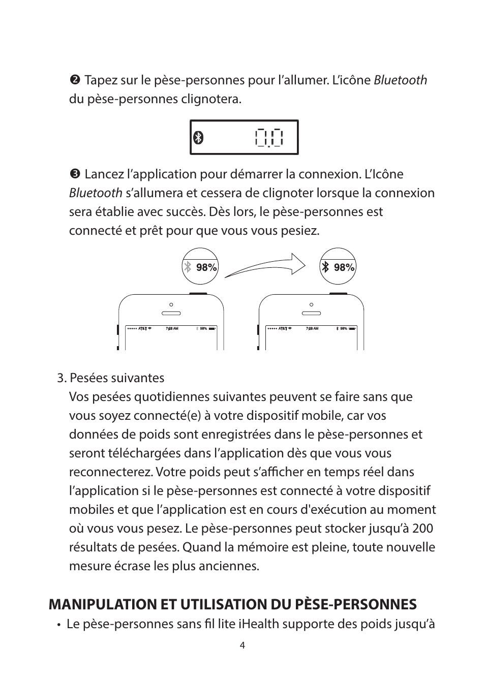 Bienvenue, Contenu de la boîte, Compatibilité avec les dispositifs portables | Accès au nuage ihealth, Manipulation et utilisation du pèse-personnes, Mises à jour logicielles, Dépannage de la mise à jour logicielle, Spécifications du produit, Informations de sécurité | iHealth Lite User Manual | Page 16 / 72