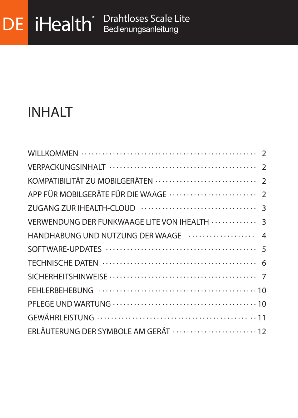 Inhalt, Drahtloses scale lite | iHealth Lite User Manual | Page 49 / 72