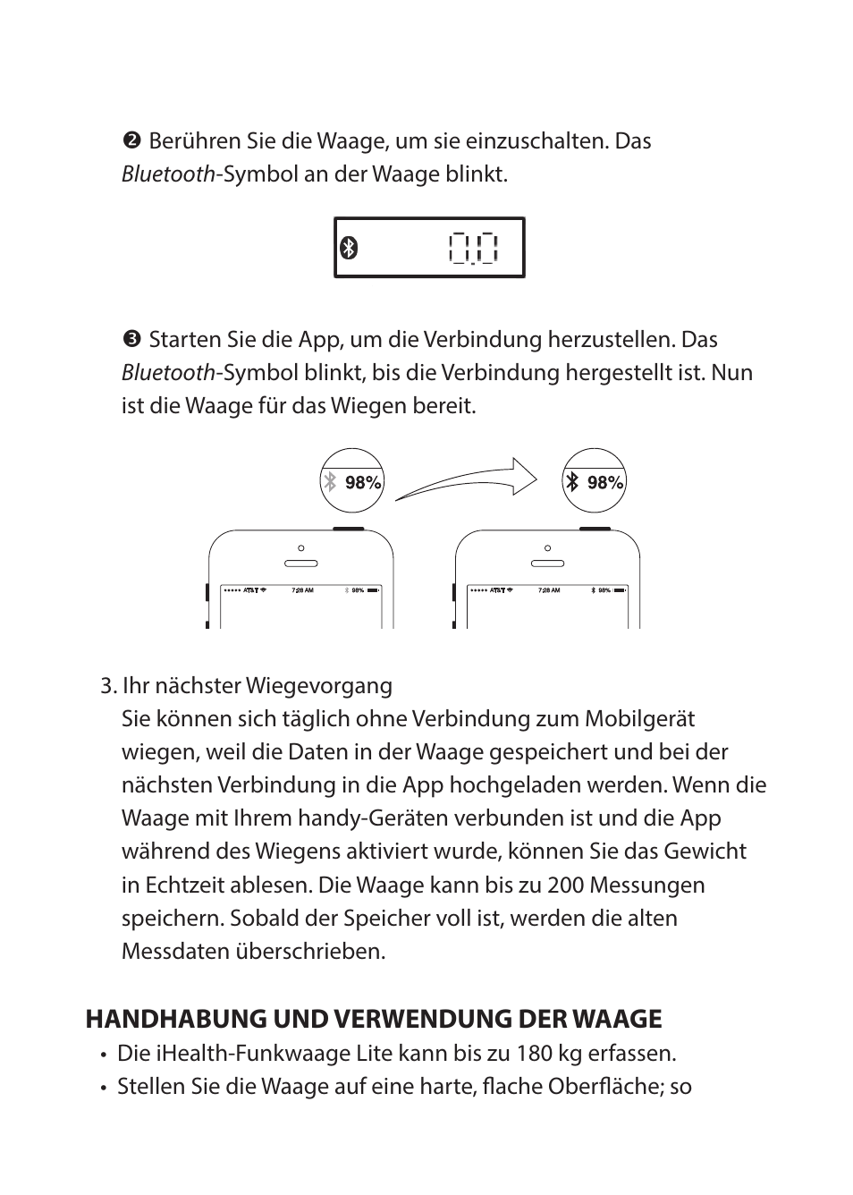 Willkommen, Inhalt, Kompatibilität mit mobilgeräten | App für mobilgeräte für die waage, Zugang zur ihealth-cloud, Verwendung der funkwaage lite von ihealth, Handhabung und verwendung der waage, Software-updates, Fehlerbehebung während des software-updates, Technische daten | iHealth Lite User Manual | Page 52 / 72