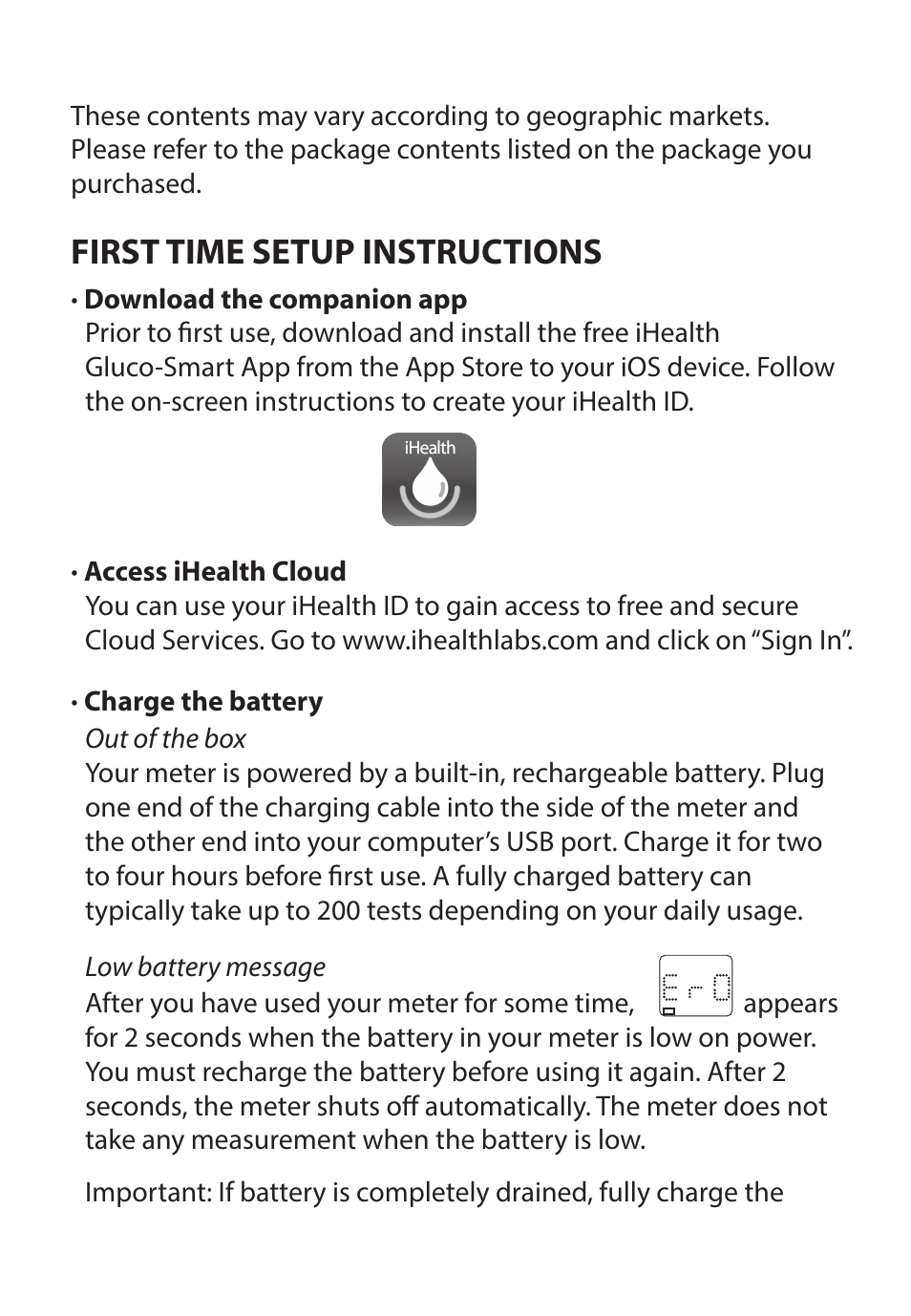 First time setup instructions | iHealth Wireless Smart-Gluco Monitoring System User Manual | Page 2 / 9