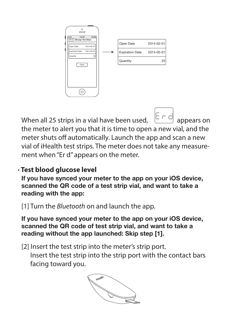 Test blood glucose level, 1] turn the bluetooth on and launch the app | iHealth Wireless Smart-Gluco Monitoring System User Manual | Page 5 / 9