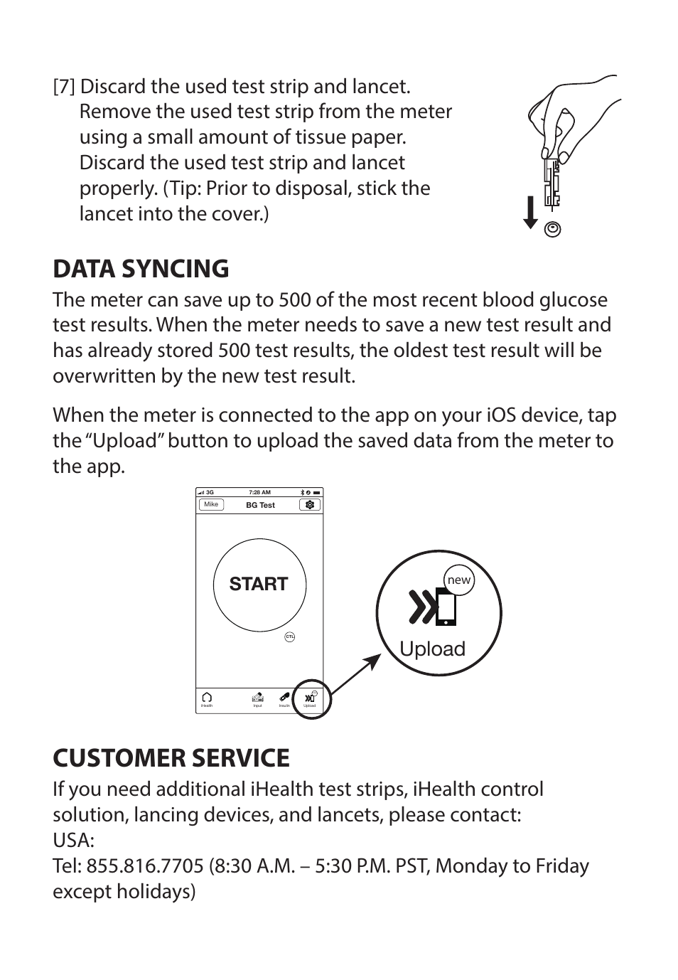 Data syncing, Customer service, Upload | iHealth Wireless Smart-Gluco Monitoring System User Manual | Page 8 / 9
