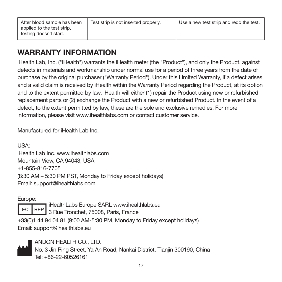 Warranty information | iHealth Align User Manual | Page 19 / 24