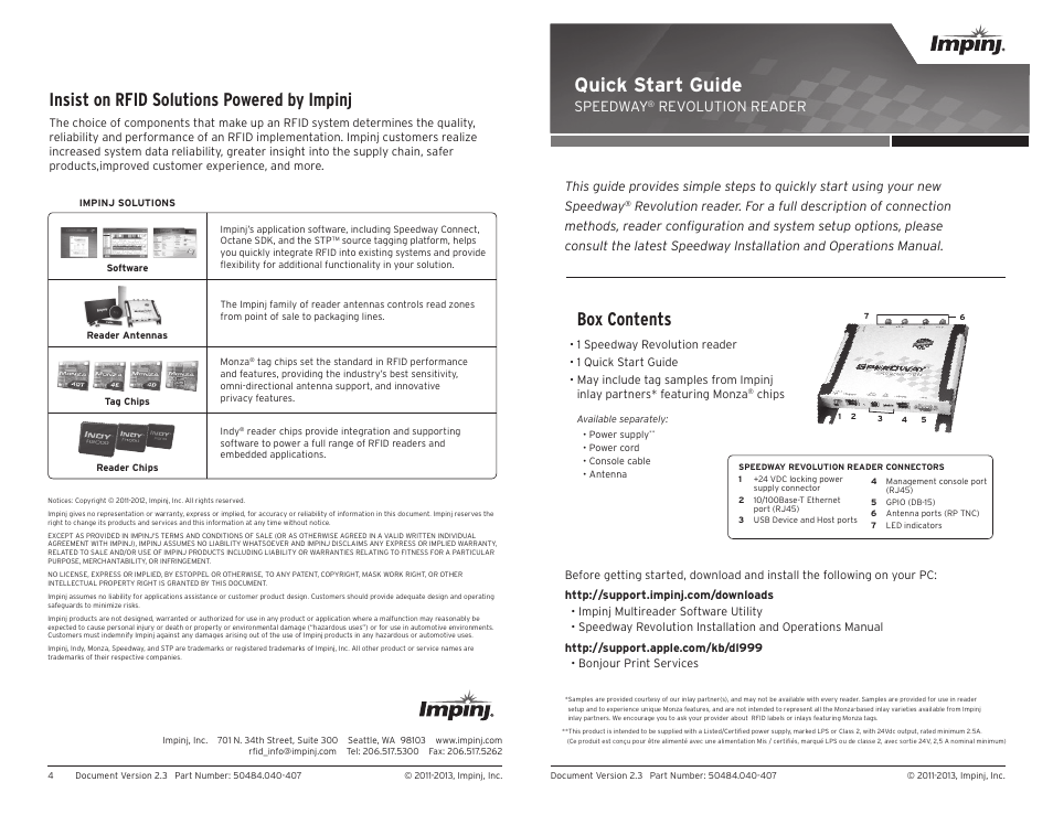 Impinj Revolution Reader System User Manual | 2 pages