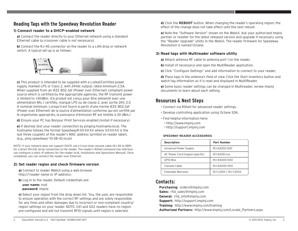 Resources & next steps, Contacts, Reading tags with the speedway revolution reader | Impinj Revolution Reader System User Manual | Page 2 / 2