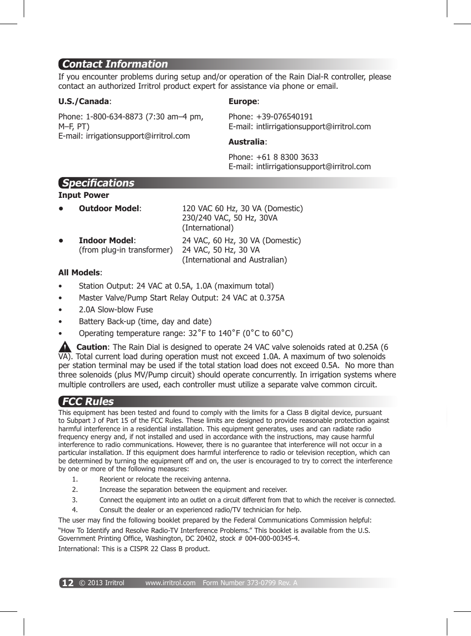 Contact information, Specifications, Fcc rules | Irritrol Rain Dial R User Manual | Page 12 / 36