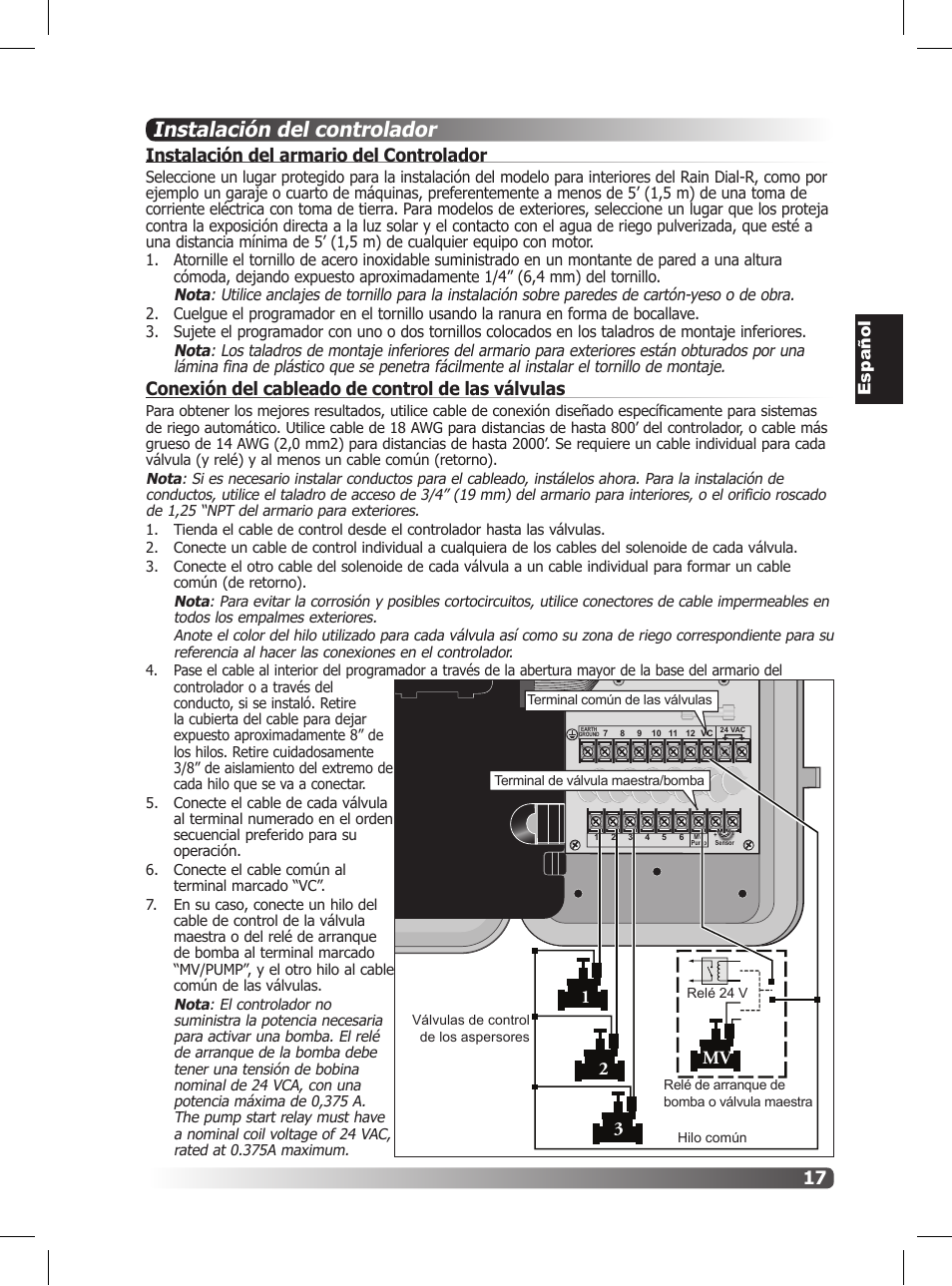 Instalación del controlador, Instalación del armario del controlador, Conexión del cableado de control de las válvulas | 32 1 mv | Irritrol Rain Dial R User Manual | Page 17 / 36