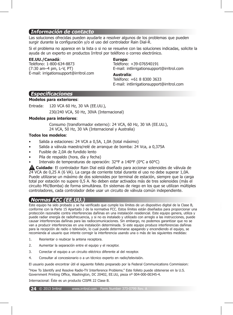 Información de contacto, Especificaciones, Normas fcc (ee.uu.) | Irritrol Rain Dial R User Manual | Page 24 / 36