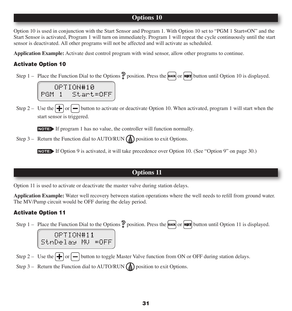 Options 10, Options 11 | Irritrol MC-E User Manual | Page 31 / 40