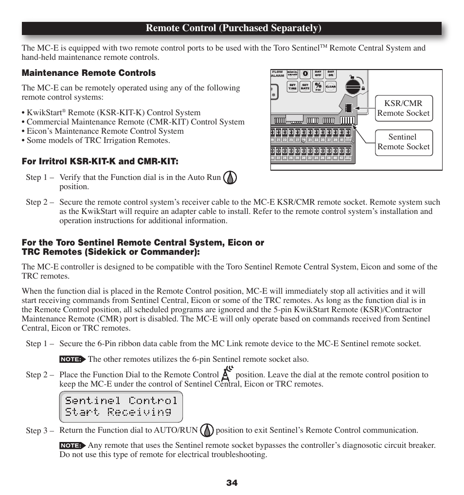 Remote control (purchased separately), Maintenance remote controls, For irritrol ksr-kit-k and cmr-kit | Ksr/cmr remote socket sentinel remote socket | Irritrol MC-E User Manual | Page 34 / 40
